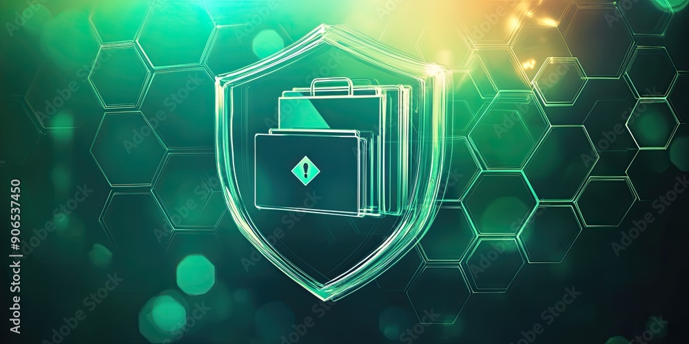 Poster transparent shield with file folder mark icon, light and hexagon pattern on green background