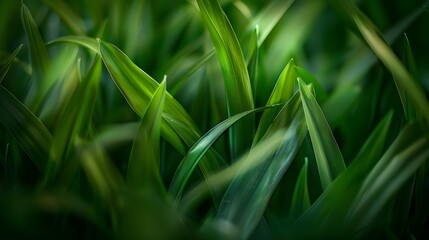 Obraz premium Close-up of fresh green grass blades in a lush lawn, with a beautifully blurred background highlighting the vibrant texture.