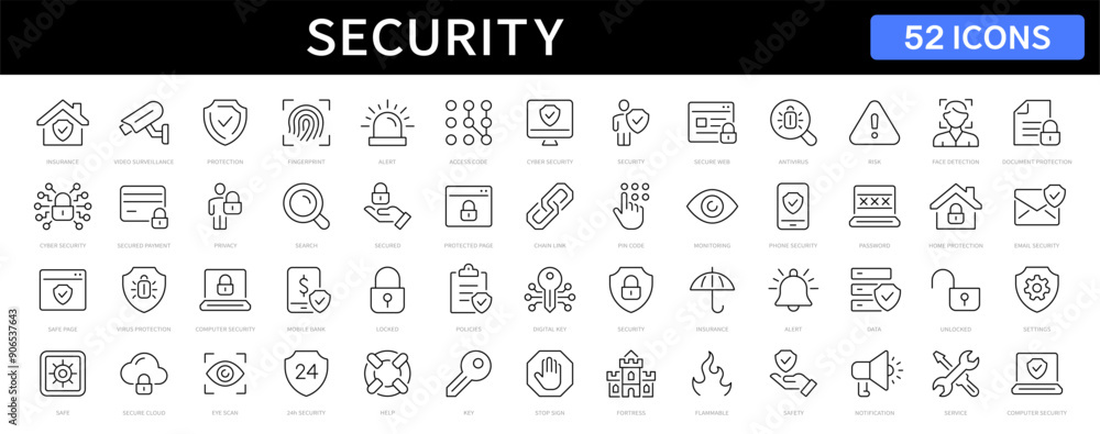 Poster security and protection thin line icons set. security editable stroke icons. protection symbols coll