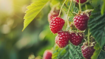 Close up of raspberry fruit growing on green background