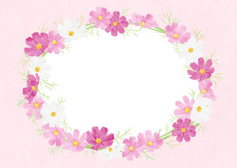 3色のコスモスのリース（背景ピンク） 水彩タッチ