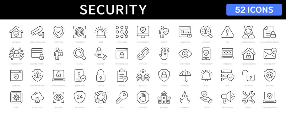 Security and Protection thin line icons set. Security editable stroke icons. Protection symbols collection. Vector