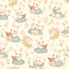 Obraz premium Cute and elegant bunny reading a book seamless pattern