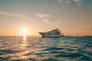 Obraz premium A luxury yacht cruises through tranquil ocean waters at sunset, illuminating the horizon with hues of orange and gold.