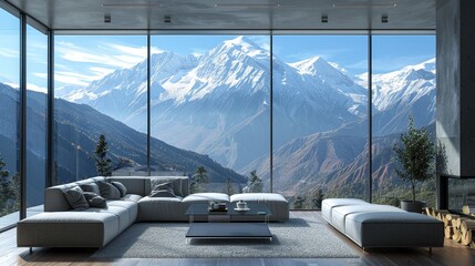 Fototapeta premium Modern living room with floor-to-ceiling windows showcasing a breathtaking mountain view.