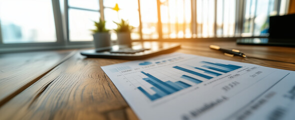 Close-up shot of financial reports displaying bar graphs in focus, a pen, a calculator, and a potted plant in a blurred background