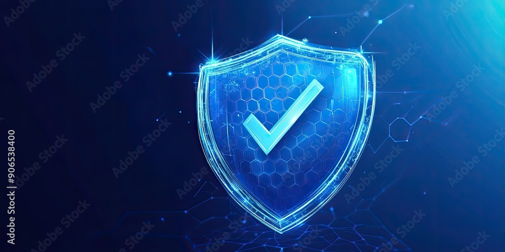 Poster transparent shield with check mark icon, light and hexagon pattern on blue background