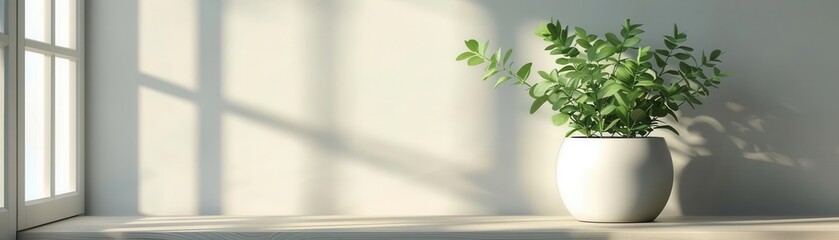 Minimalist workspace with a potted plant and natural light, Productivity, Simplicity