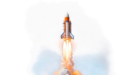 Rocket launch with fire and smoke trail isolated on white