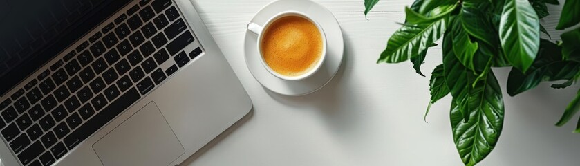 Fototapeta premium Minimalist workspace with a laptop and coffee cup, Productivity, Focus