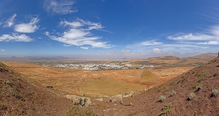Panoramic view of the barren volcanic Timanfaya National Park on Lanzarote