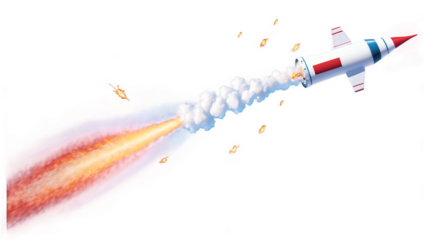 Rocket launch with fire and smoke trail isolated on white