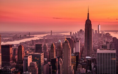 Naklejka premium New York City Manhattan downtown skyline panorama at sunset with skyscrapers.
