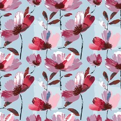 A seamless pattern of pink and burgundy flowers on a light blue background, made in the style of watercolor with free brush strokes and as if painted by hand.