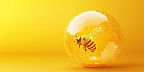 transparent shield with bee mark icon, light and hexagon pattern on yellow background 