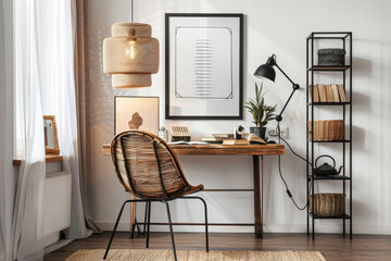 A cozy home workspace featuring a wooden desk with eclectic decor, wicker chair, framed art, and warm lighting, creating a comfortable working environment.