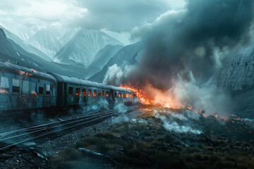 Fototapeta premium A dramatic scene of a train engulfed in flames amidst a foggy mountain landscape, creating a tense and catastrophic atmosphere.