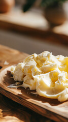 Smooth Creamy Butter on Rustic Wooden Board in Morning Light