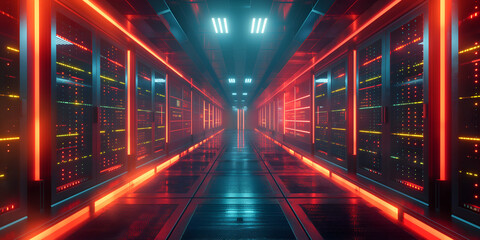 "Futuristic Data Center 3D Render: High-Tech Infrastructure Visualization"|"Cutting-Edge Data Center 3D Illustration: Advanced Digital Architecture"