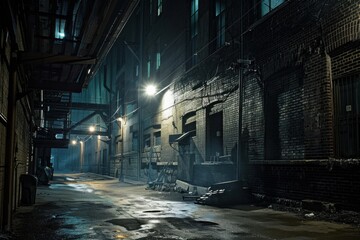 A dark and wet alley with old brick buildings, dim lights, and a moody atmosphere.