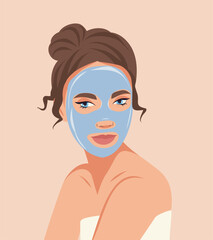 Facial skin care, girl in a mask. Facial cleansing, toning, cream mask. A beautiful woman takes care of her facial skin. Vector flat illustration for advertising, website, banner, posters, cover