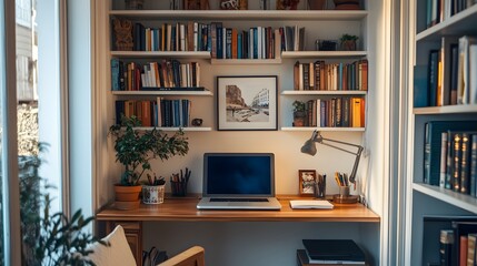 A small home office setup in a cozy nook, featuring a built-in desk with storage shelves above. The desk holds a laptop, a few decorative items, and a desk lamp. The surrounding shelves are filled wit
