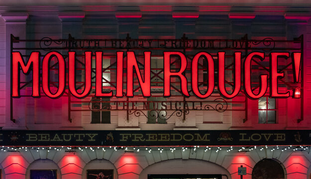 London, UK - July 23, 2024: Moulin Rouge Musical in Piccadilly theatre at night. London culture and entertainment life. Musical tickets.