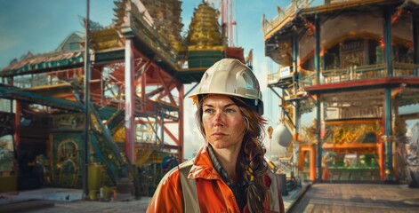 Obraz premium Woman in Protective Gear and Helmet Working on Oilfield Construction Site.Generated image