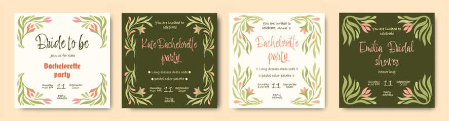 Obraz premium Vintage floral templates for Bachelorette party. Bridal shower invitations. Vector.