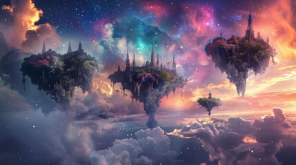 An imaginary background featuring a fantastical landscape with floating islands, strange and wonderful creatures, and a sky filled with magical colors and celestial bodies, evoking a sense of wonder