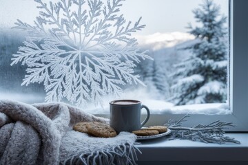 A cup of hot cocoa and cookies on a frosty window sill, with a snowflake pattern and a snowy winter scene outside. Cozy winter concept