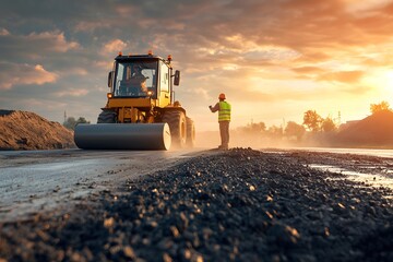 photorealism of Engineers and worker are working on road construction