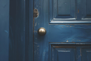 A close-up shot of a worn blue wooden door with a round brass doorknob, showcasing a sense of rustic charm and history.
