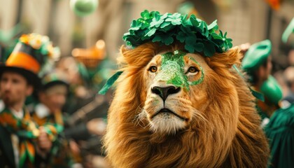 Lion Dressed in Green Shamrock Wreath at St. Patrick's Day Parade