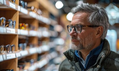 A middle aged man buying glasses for better vision in eyeglasses store, Generative AI 