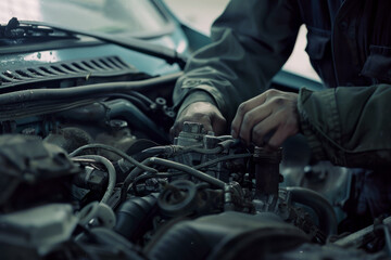 Detailed photo of a mechanic&rsquo;s hands working meticulously on an intricate engine, capturing the essence of automotive repair under subdued lighting.