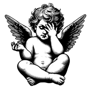 recommend clip art: cherub angel with a halo, sitting and facepalming, frustration or disappointment sketch engraving generative ai fictional character PNG illustration. Scratch board imitation. Black and white image.