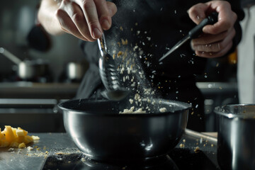 Hands meticulously preparing food over a stove, ingredients flying in motion, capturing the art and passion of cooking.