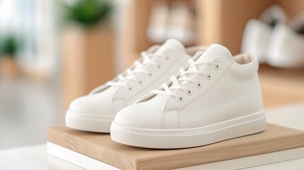 White sneakers on wooden floor with a closet in the background