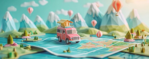 Journey planning roadtrippers, flat design, front view, map exploration, animation, vivid, copy space for text