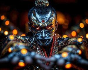 Stage performance with actors in dramatic costumes, Realism, Bright colors, Photography