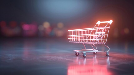 Neon glowing shopping cart on dark background