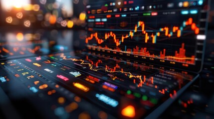 Stock charts showing market trends and financial data, Realism, Cool tones, Digital art