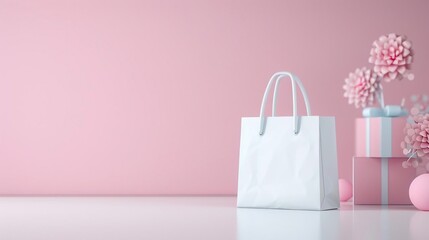 Pink shopping bag with gift boxes and palm leaf on pink background.
