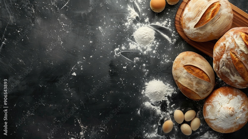 Poster fresh bread and buns on dark surface with flour viewed from above empty space