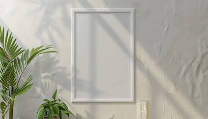 White Framed Picture Hanging on a Textured Wall With Plants and Sunbeams