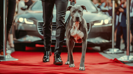 An elegant purebred dog walks next to its owner on a red carpet, with a car and a crowd of people in the background