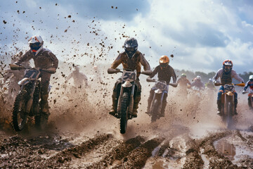 A group of motorcyclists races through a muddy track, flinging dirt and water as they navigate the challenging terrain under a cloudy sky.