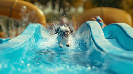 A Shih Tzu dog is sliding down a water slide in a water park. Water splashes around, creating a fun and dynamic scene. The dog looks happy and is enjoying the moment