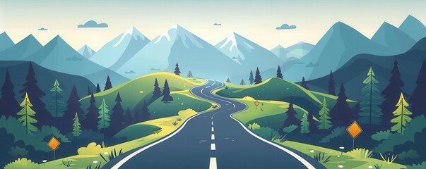 Mountainous roadtrippers, flat design, top view, winding road view, cartoon drawing, splitcomplementary color scheme, copy space for text